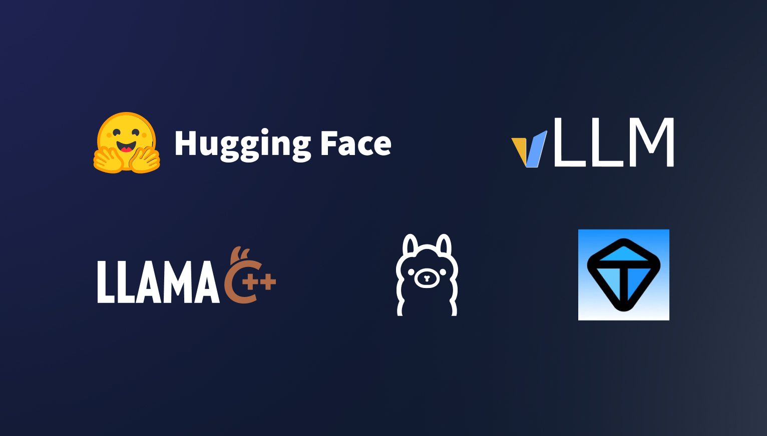 Logos of Hugging Face, vLLM, llama.cpp, Ollama, and TensorRT on a dark background