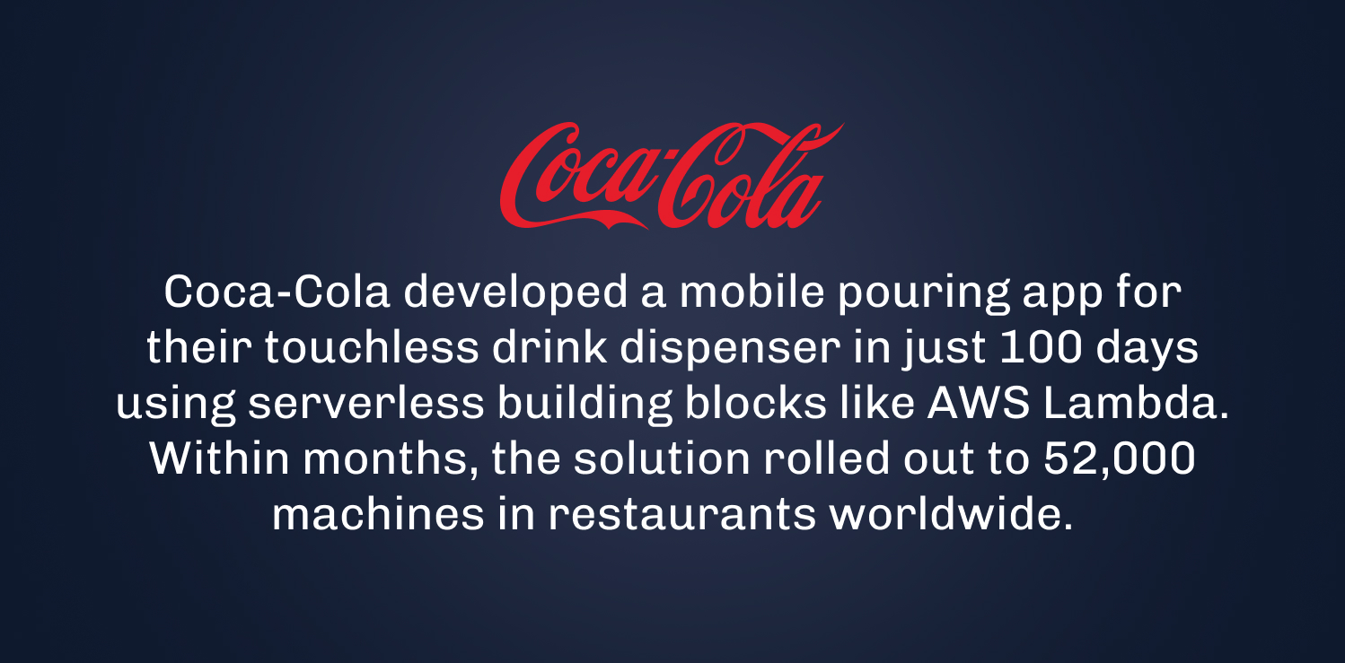 Coca-Cola logo and text about a Lambda pouring app rolled out to 52,000 machines