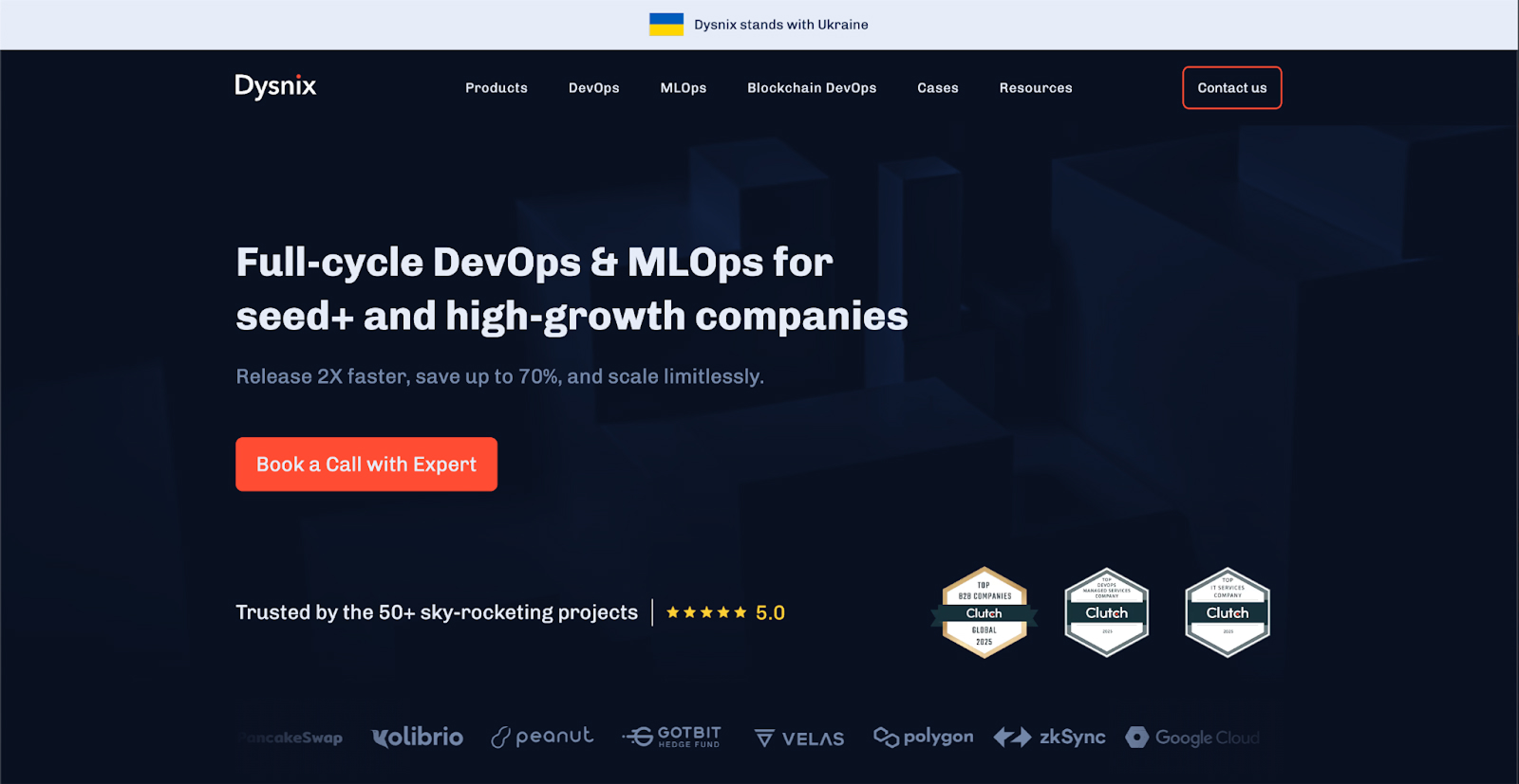 Dysnix homepage for full-cycle DevOps and MLOps with Clutch badges