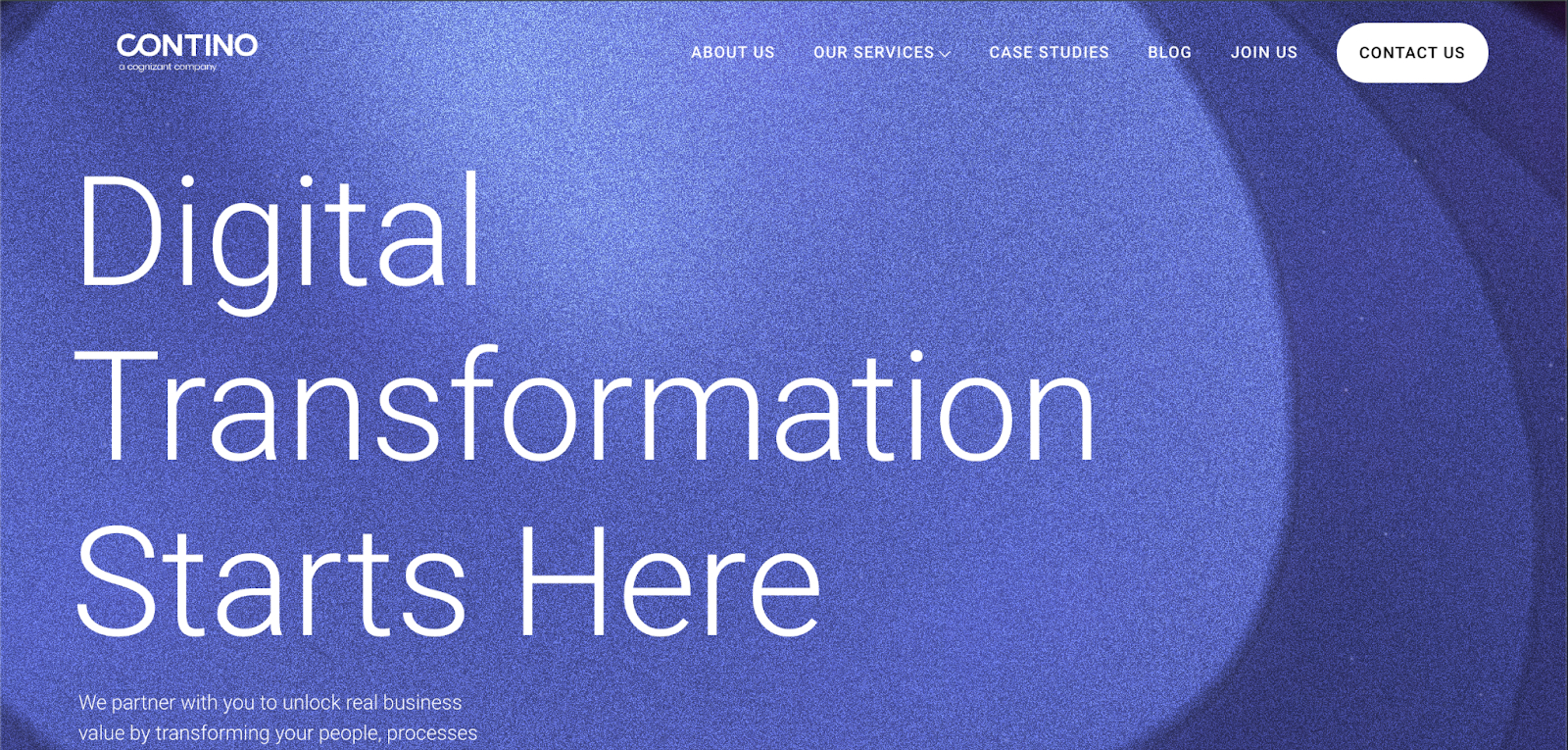 Contino homepage titled Digital Transformation Starts Here on a blue background