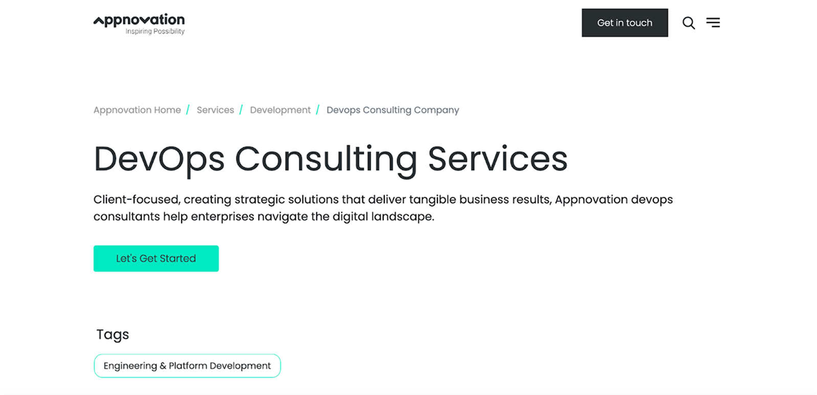 Appnovation DevOps consulting page with a Let's Get Started button