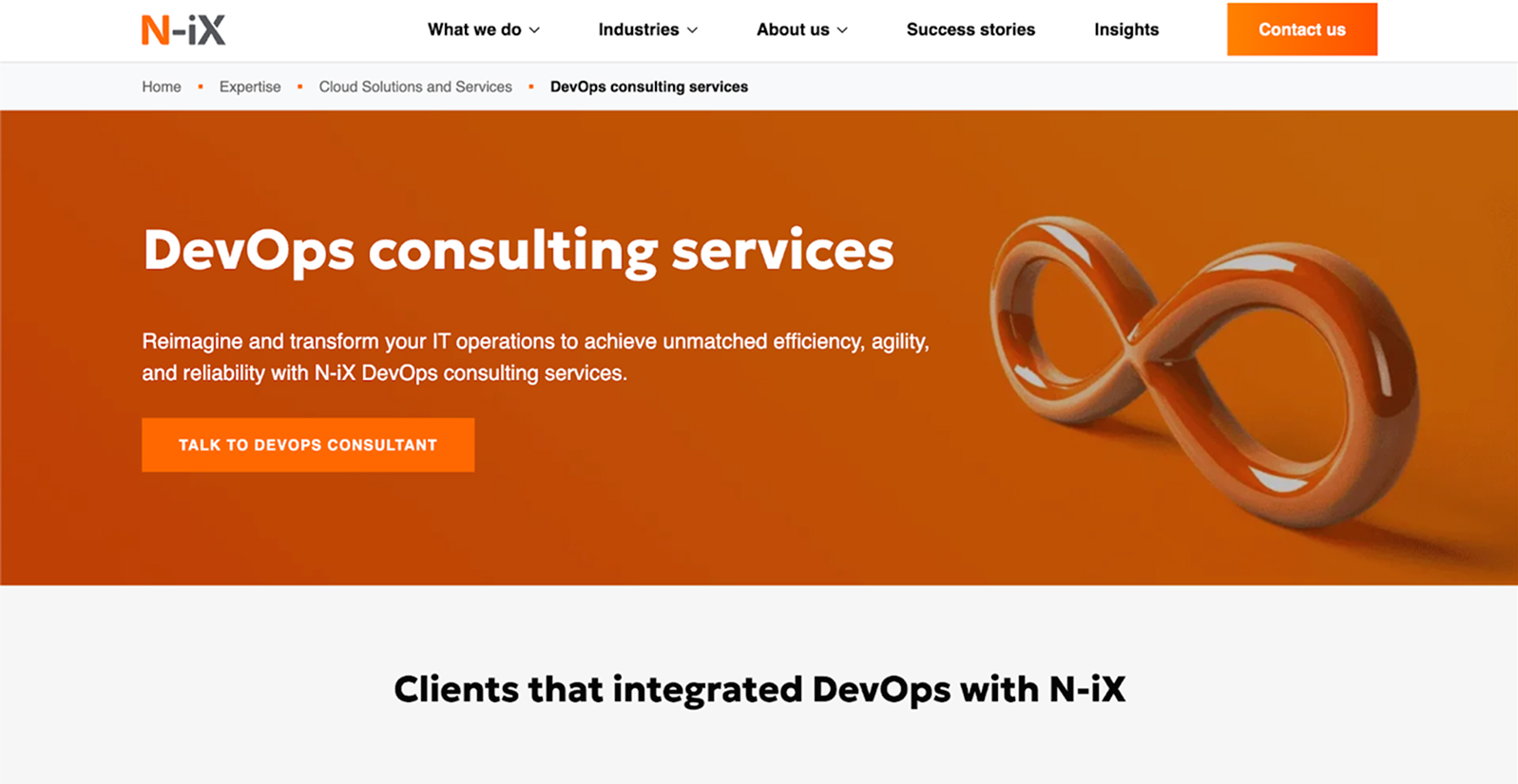 N-iX DevOps consulting hero beside a 3D infinity loop