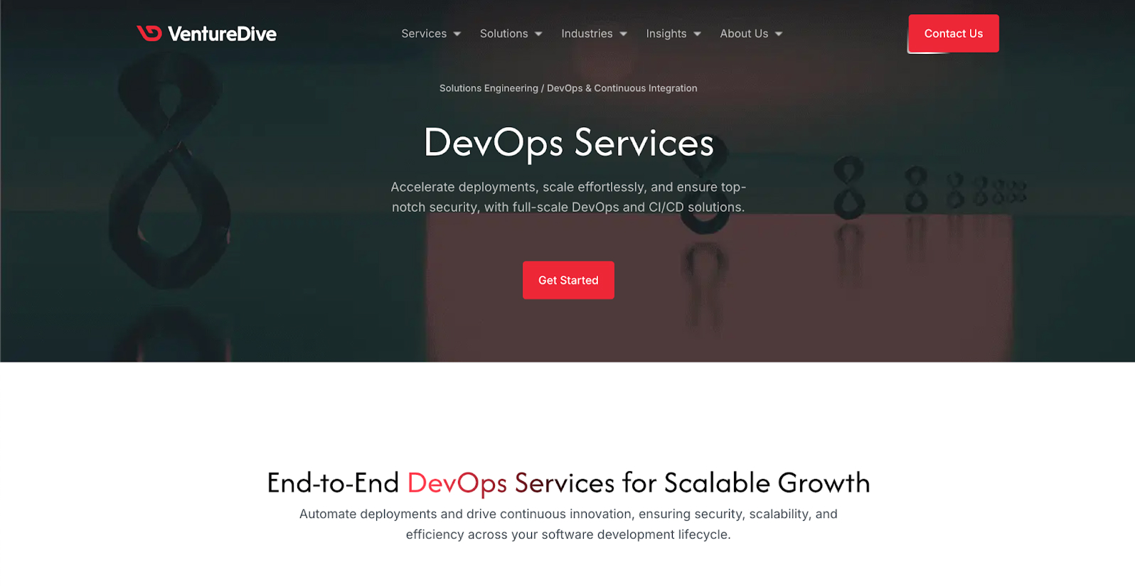 VentureDive DevOps services page titled End-to-End DevOps Services