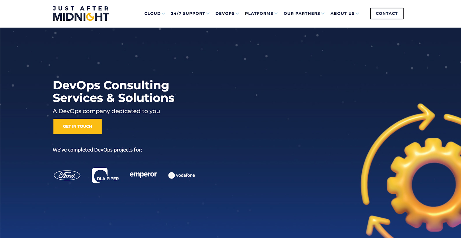 Just After Midnight DevOps consulting page with Ford, DLA Piper, and Vodafone logos