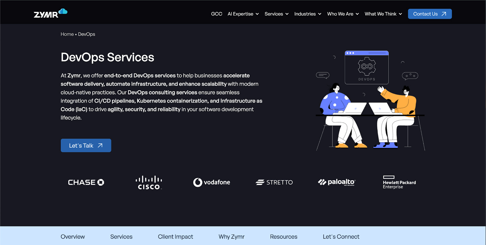 Zymr DevOps services page with people at laptops and Chase, Cisco, and Vodafone logos