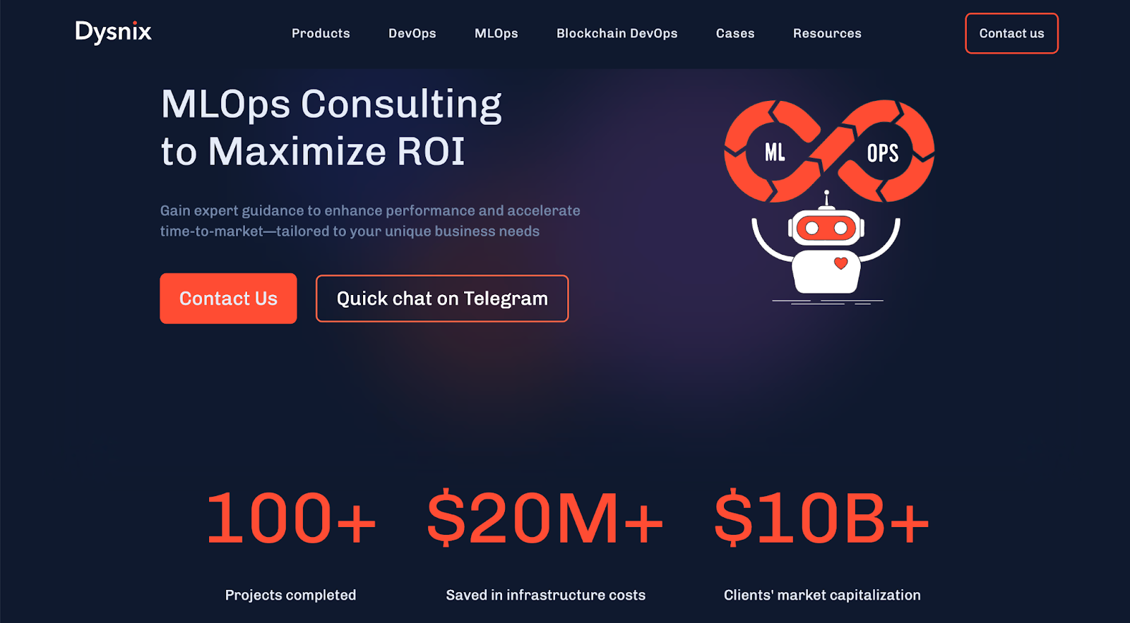Dysnix MLOps consulting page with a robot-infinity graphic and 100-plus, $20M-plus stats