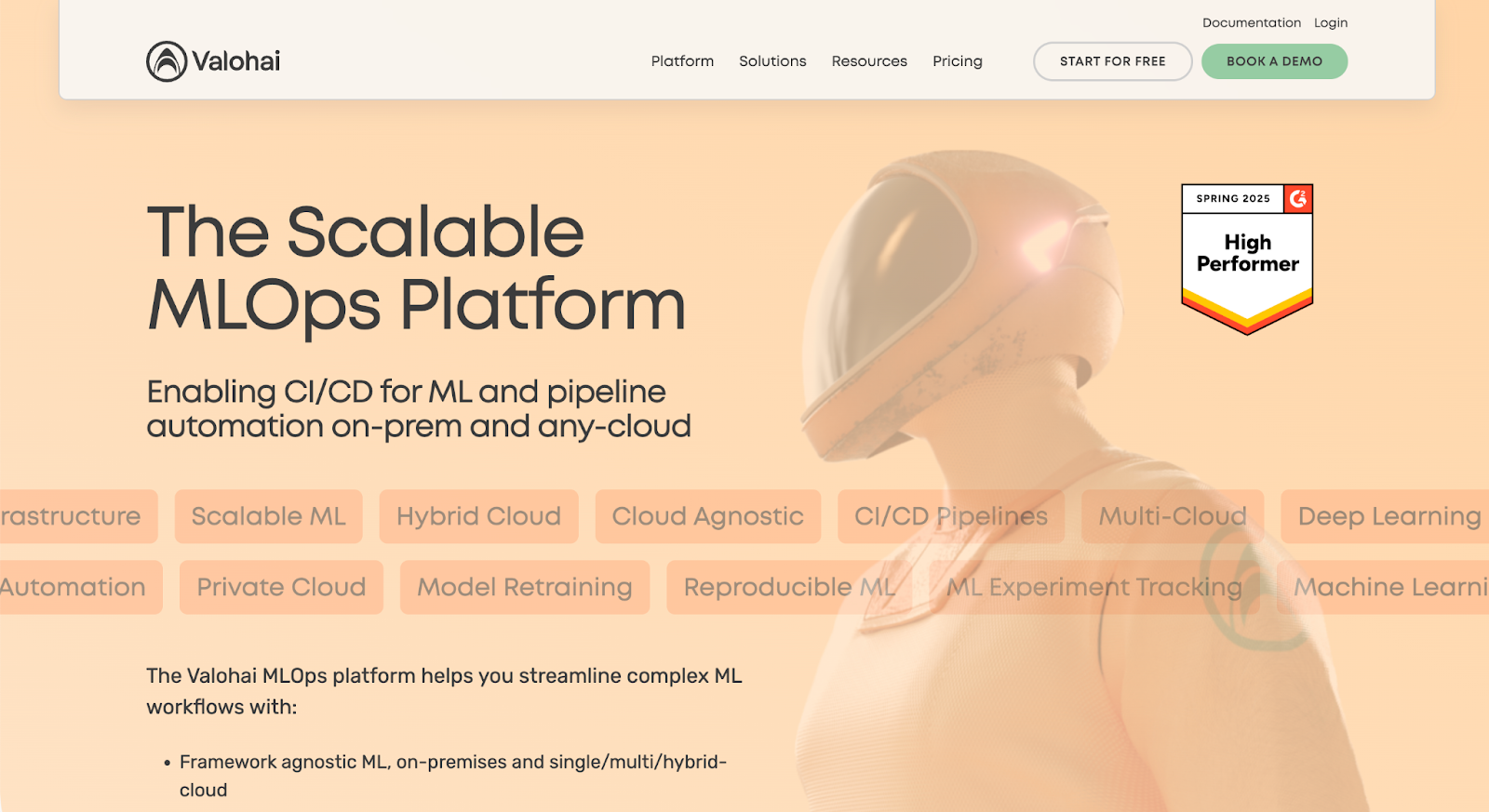 Valohai homepage for a scalable MLOps platform with a G2 High Performer 2025 badge