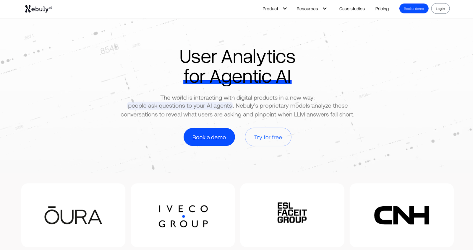 Nebuly homepage for user analytics for agentic AI with Oura and Iveco logos