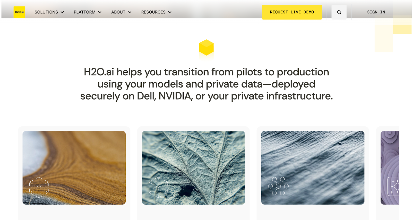 H2O.ai homepage on taking AI from pilots to production with a yellow cube logo