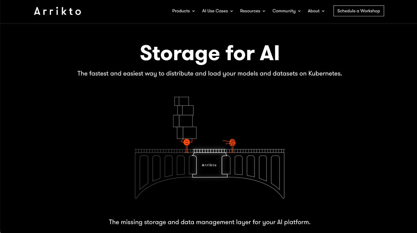 Arrikto homepage titled Storage for AI, with figures on a bridge labeled Arrikto
