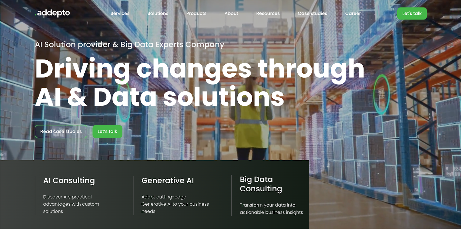 Addepto homepage on driving change through AI and data solutions