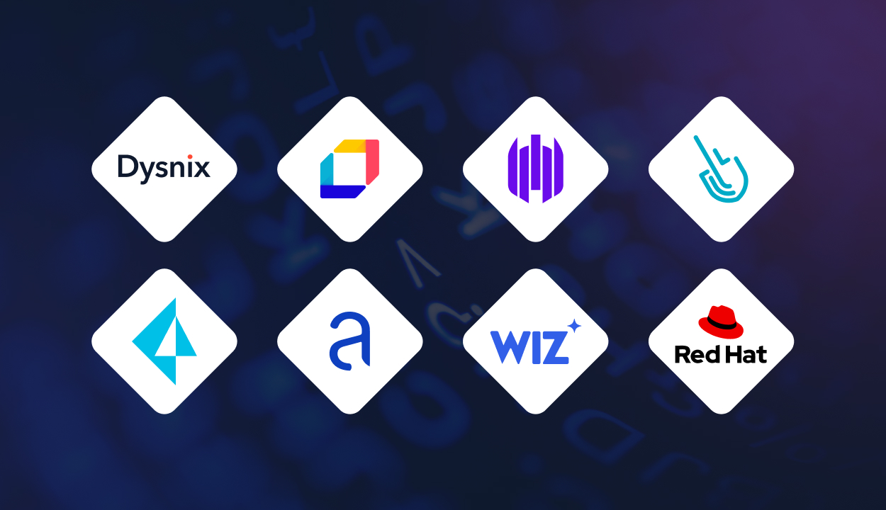 Logo grid of Kubernetes security companies including Dysnix, Aqua, Wiz, and Red Hat