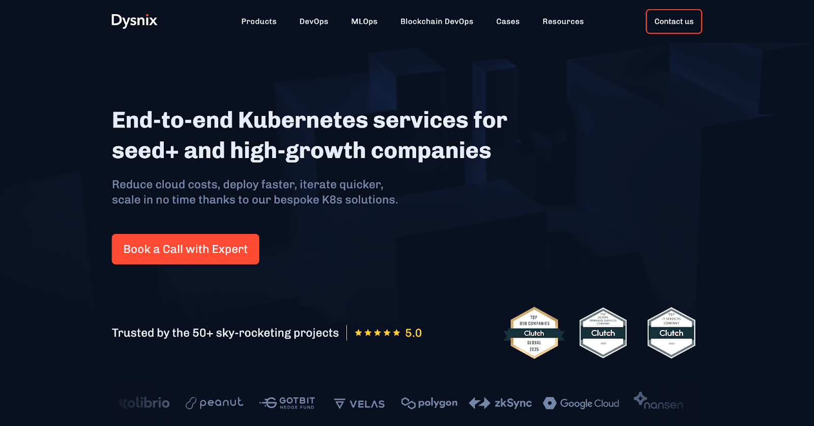 Dysnix homepage screenshot for end-to-end Kubernetes services with Clutch badges