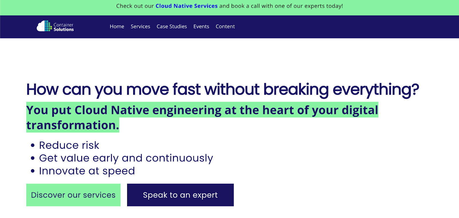 Container Solutions homepage on cloud-native engineering for digital transformation