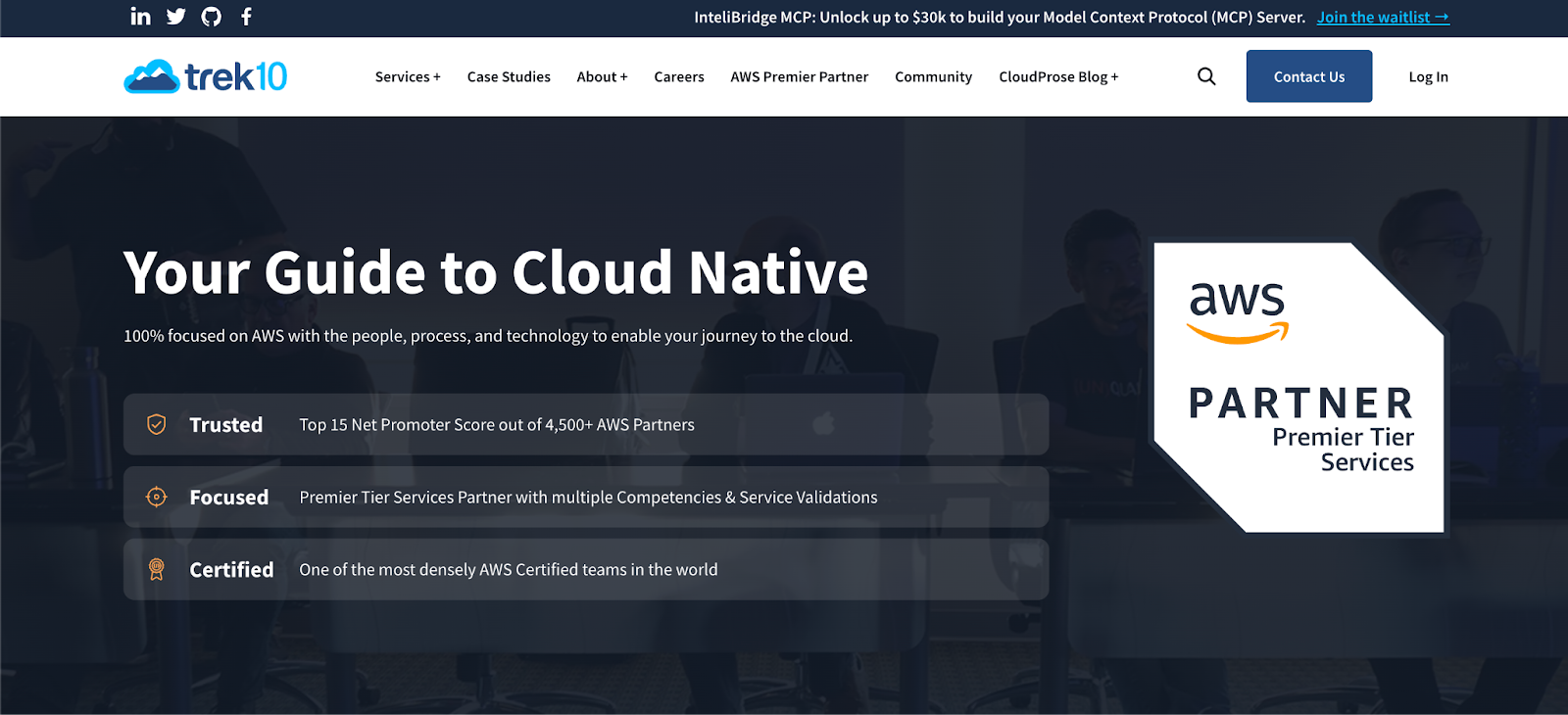 Trek10 homepage titled Your Guide to Cloud Native with AWS Premier Partner badge