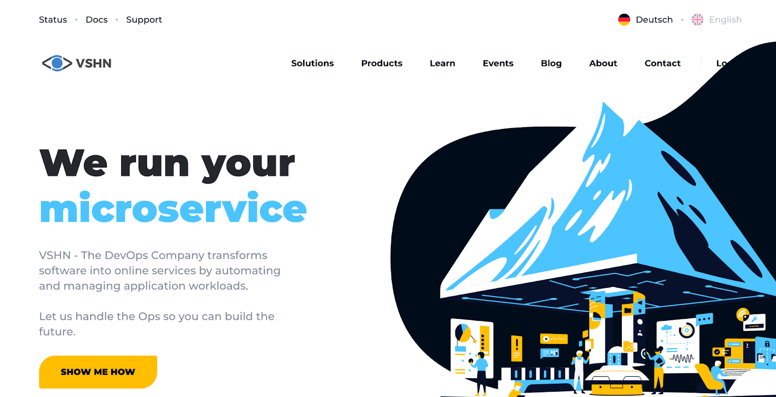 VSHN homepage titled We run your microservice with mountain and ops illustration