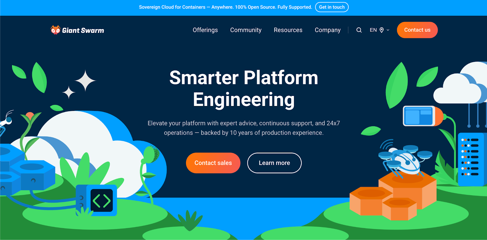 Giant Swarm homepage for platform engineering with clouds, plants, and a drone