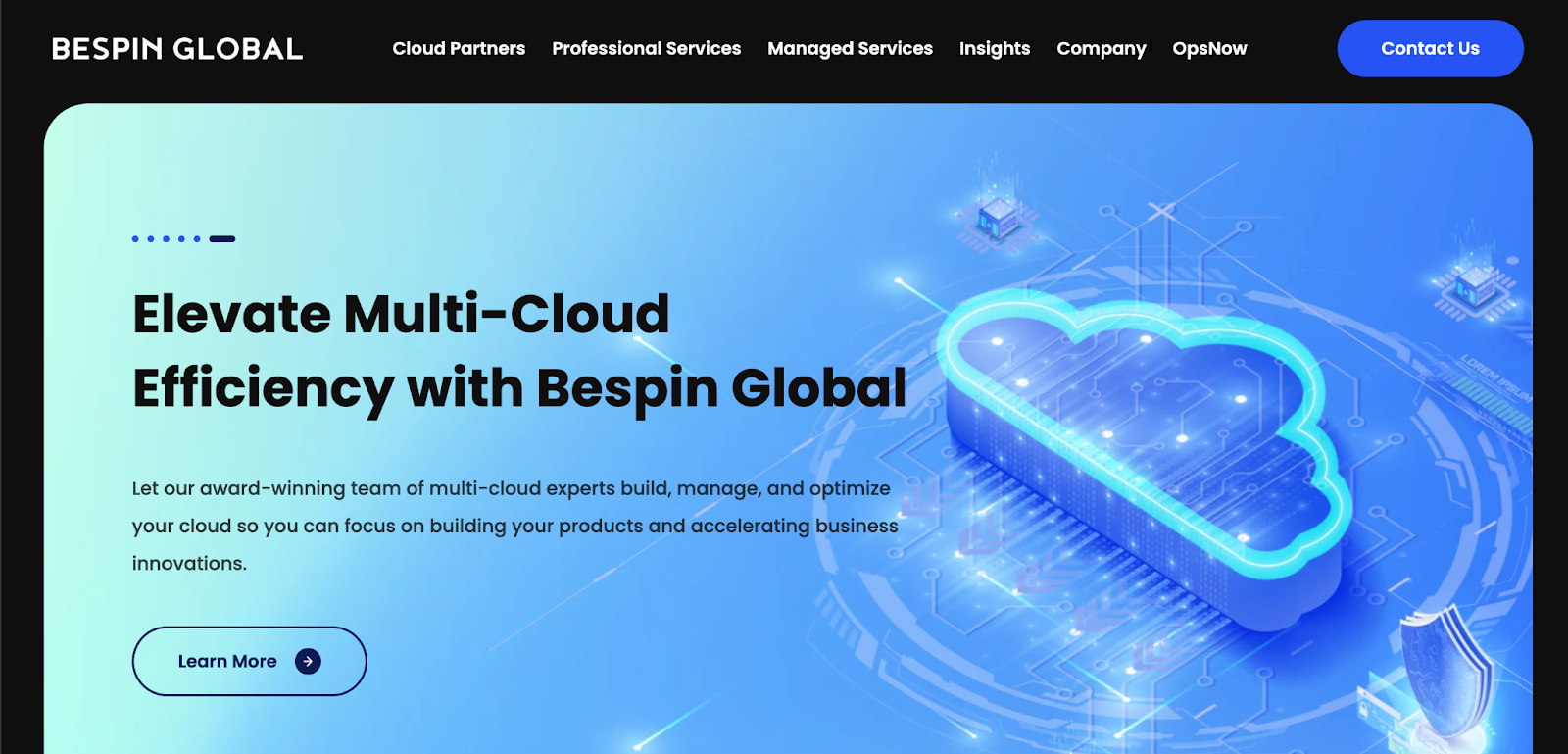 Bespin Global homepage on multi-cloud efficiency with a glowing cloud graphic