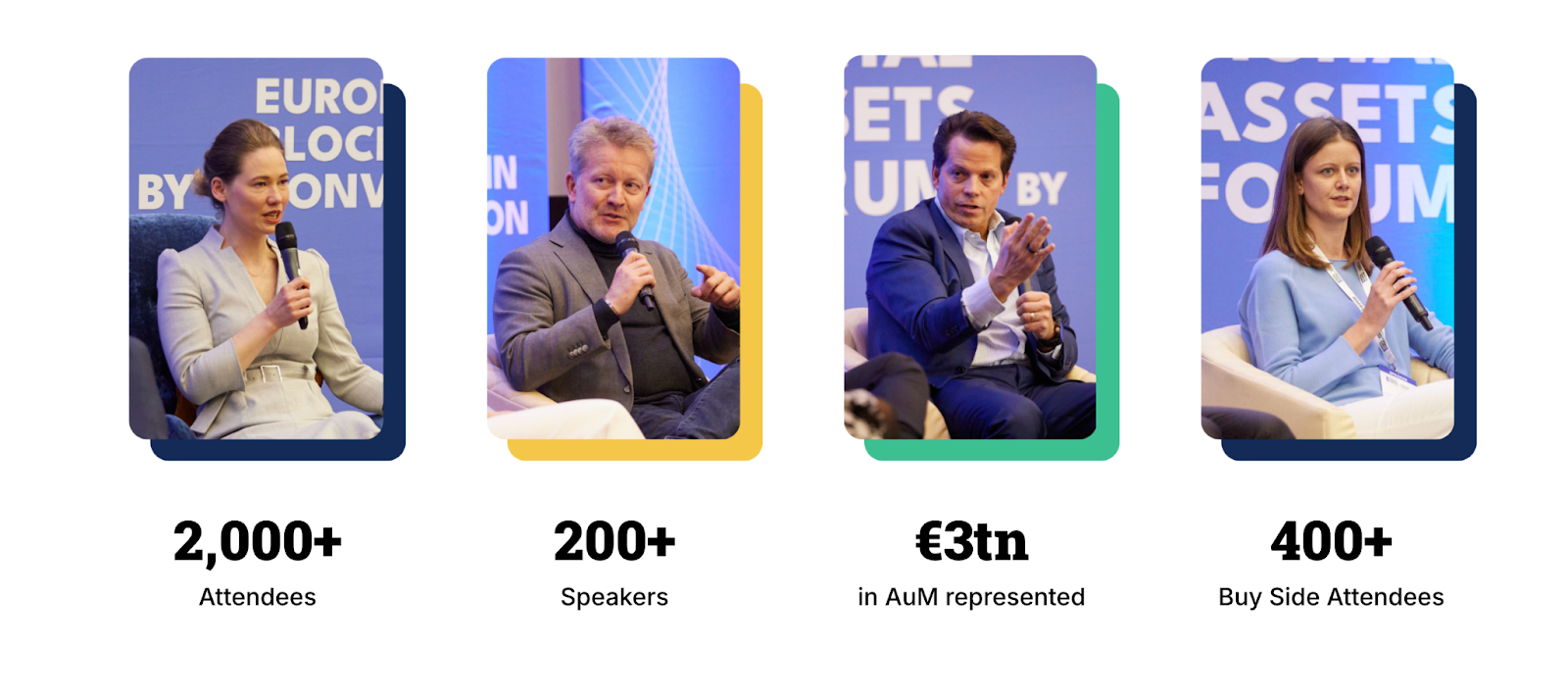 Four speakers on stage with stats: 2,000-plus attendees, 200-plus speakers, and 400-plus buy side
