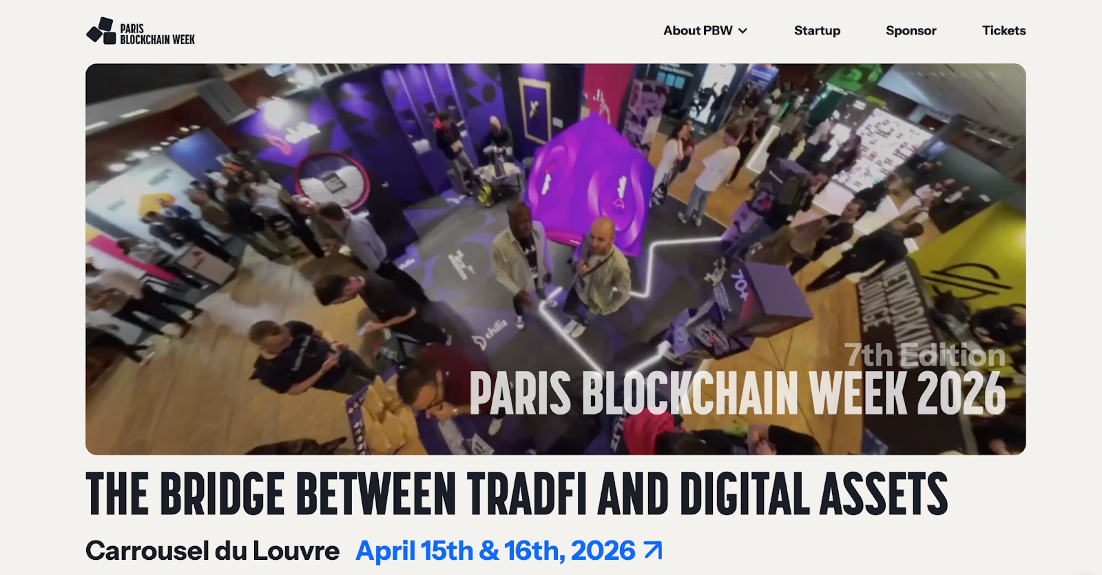 Paris Blockchain Week 2026 site showing Carrousel du Louvre, April 15-16