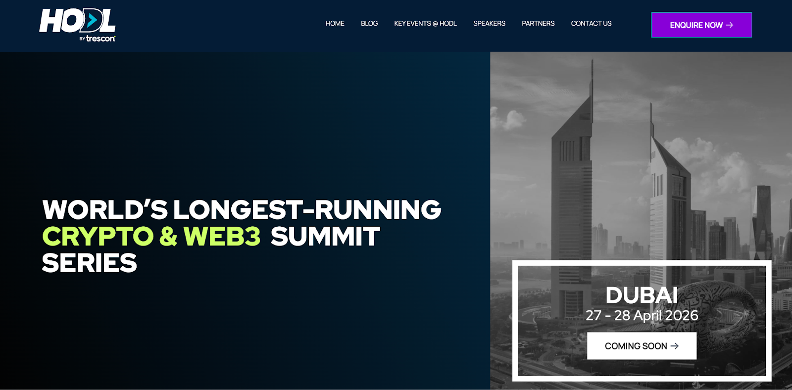 HODL by Trescon site for a crypto and Web3 summit in Dubai, 27-28 April 2026