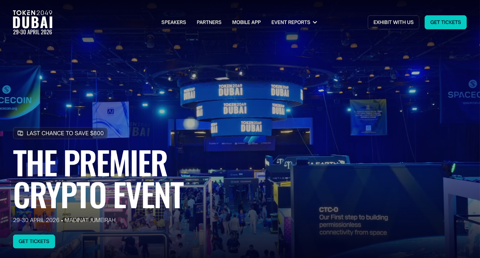 TOKEN2049 Dubai site over a blue expo hall, 29-30 April 2026