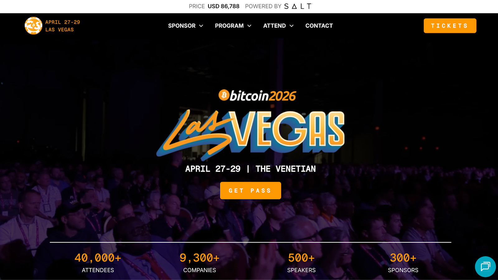 Bitcoin 2026 Las Vegas site over a seated audience, April 27-29 at The Venetian