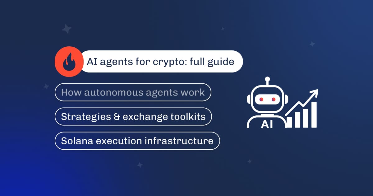 Graphic titled AI agents for crypto full guide, covering strategies, exchange toolkits, and Solana execution