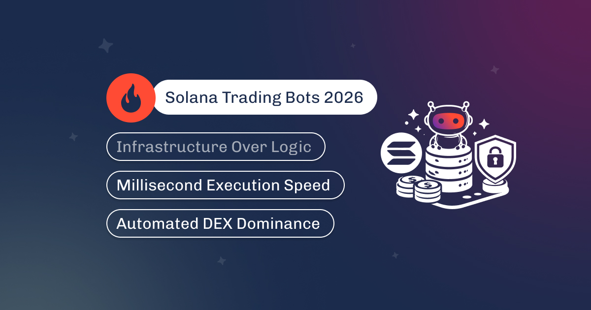 Graphic titled Solana Trading Bots 2026, with a robot on coins for millisecond DEX execution