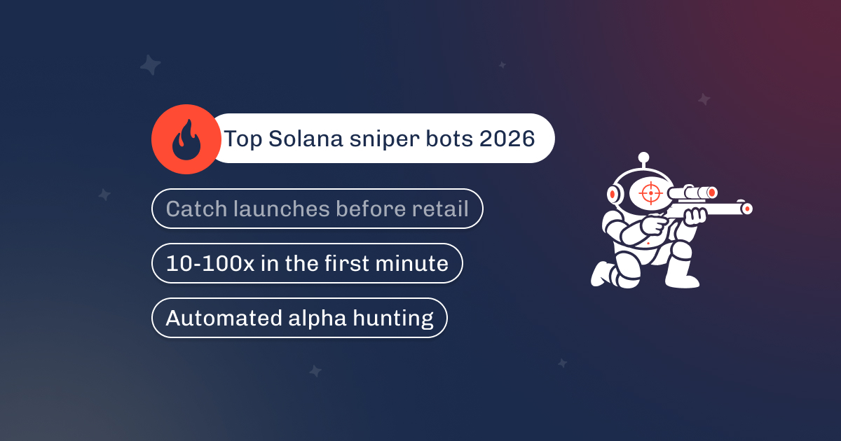 Graphic titled Top Solana sniper bots 2026, with a robot sniper for automated launch hunting