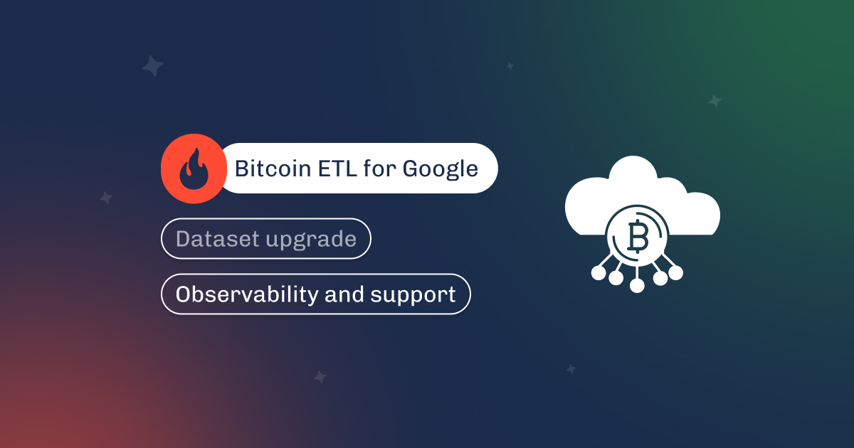 Graphic titled Bitcoin ETL for Google, covering dataset upgrade, observability, and support