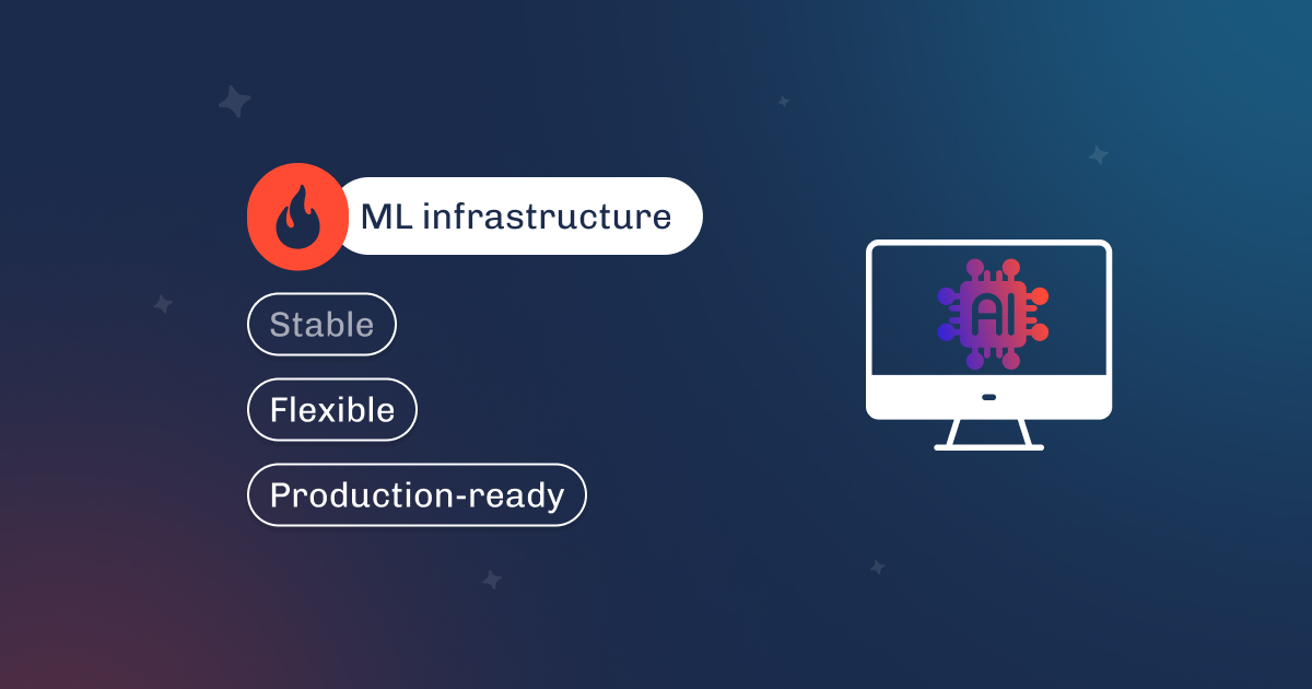 Graphic titled ML infrastructure, covering stable, flexible, production-ready systems