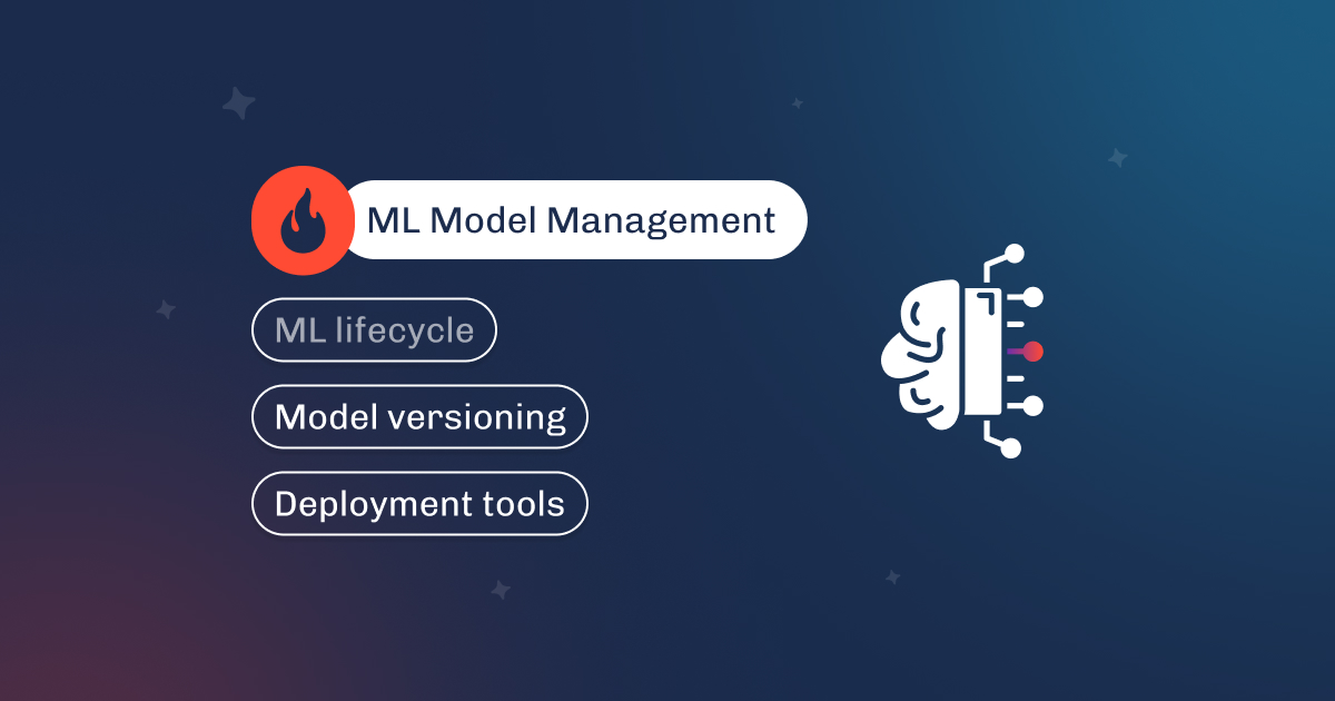Graphic titled ML Model Management, covering ML lifecycle, versioning, and deployment tools