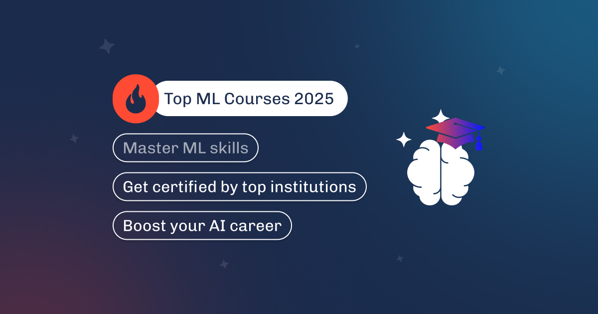 Graphic titled Top ML Courses 2025, covering ML skills, top-institution certificates, and AI careers