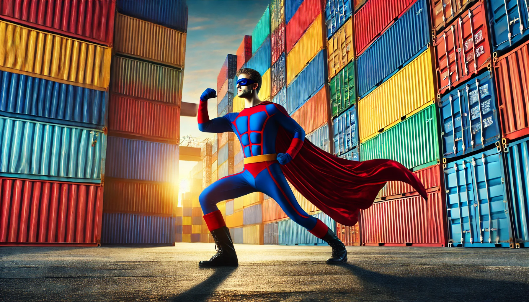Superhero in a red cape posing among colorful shipping containers