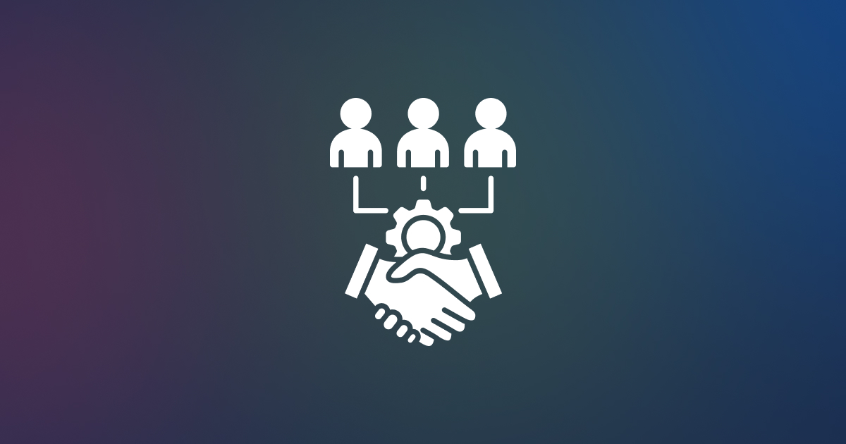 Icon of three people linked to a handshake and gear for DevOps outsourcing