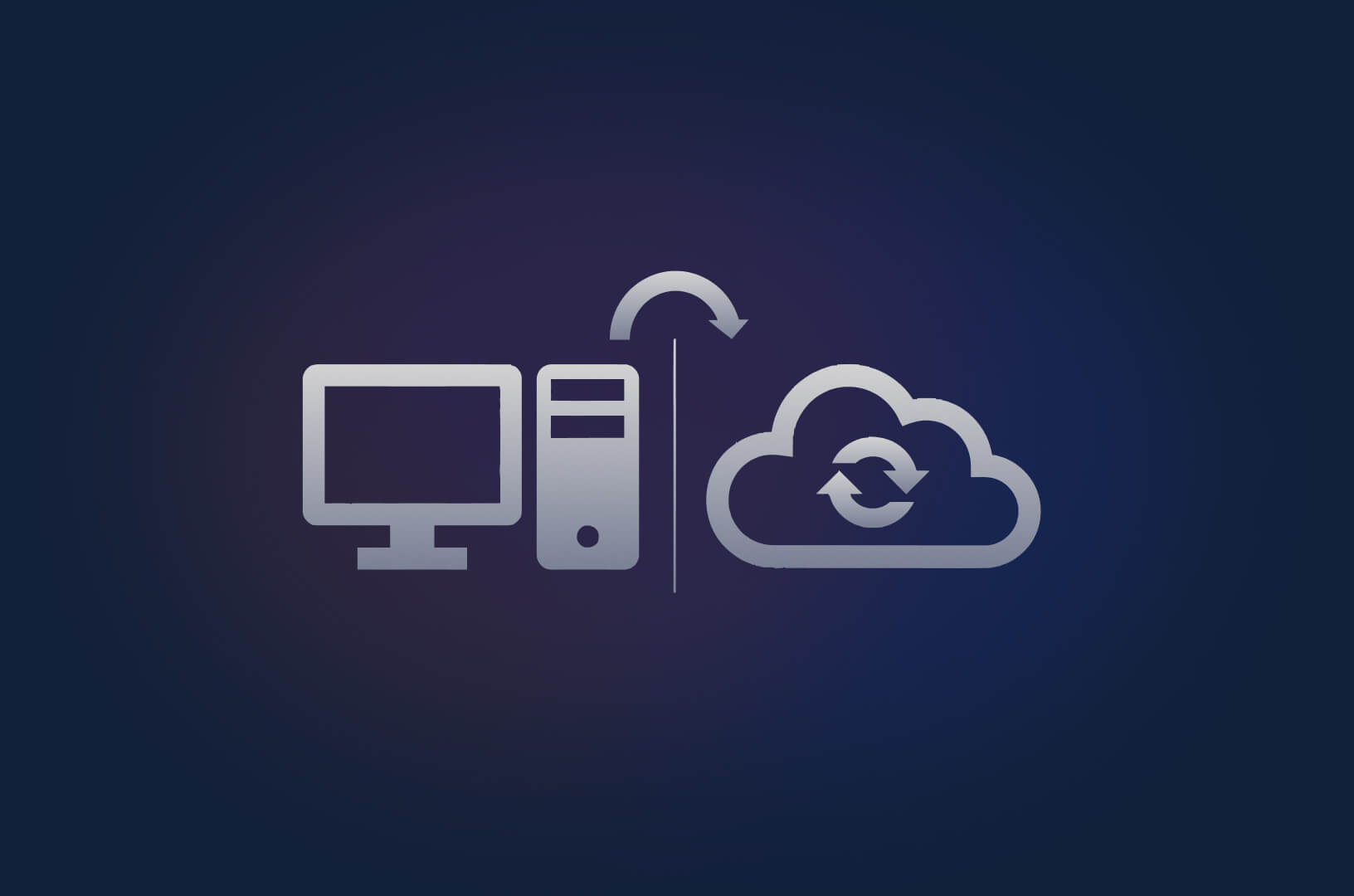 Desktop computer and tower with an arrow to a cloud with refresh arrows