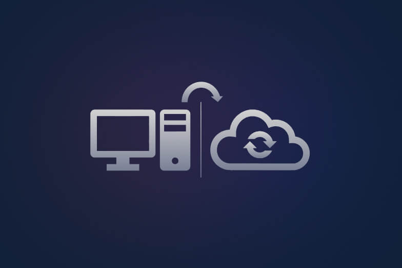 Desktop computer and tower with an arrow to a cloud with refresh arrows