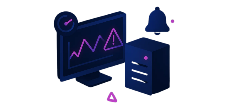 Monitor with an alert graph beside a server and a bell