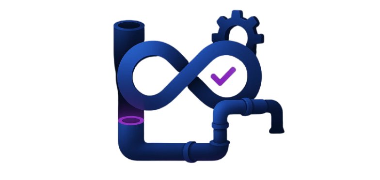 Infinity-loop pipeline of pipes with a gear and a check mark