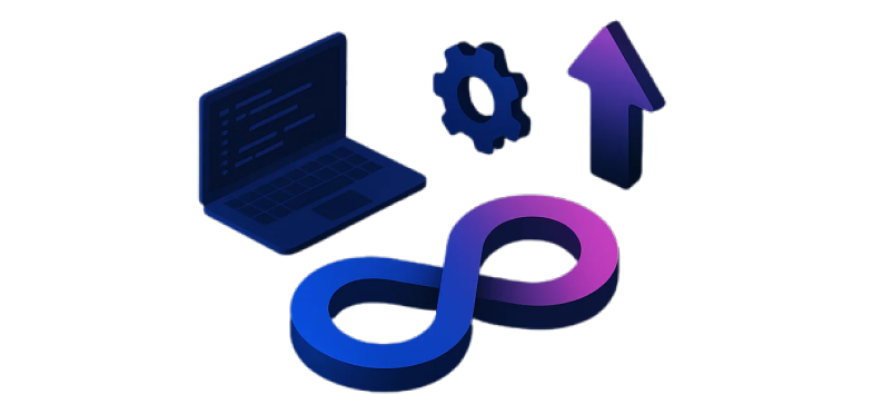Laptop, gear, up arrow, and a DevOps infinity loop