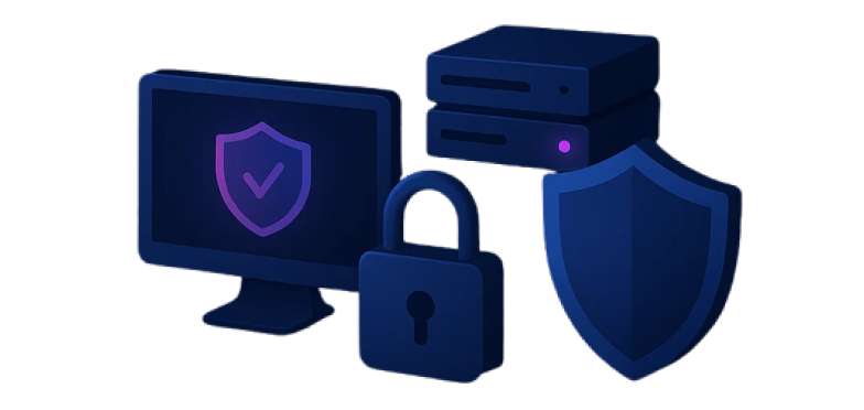 Monitor with a shield, padlock, servers, and a security shield