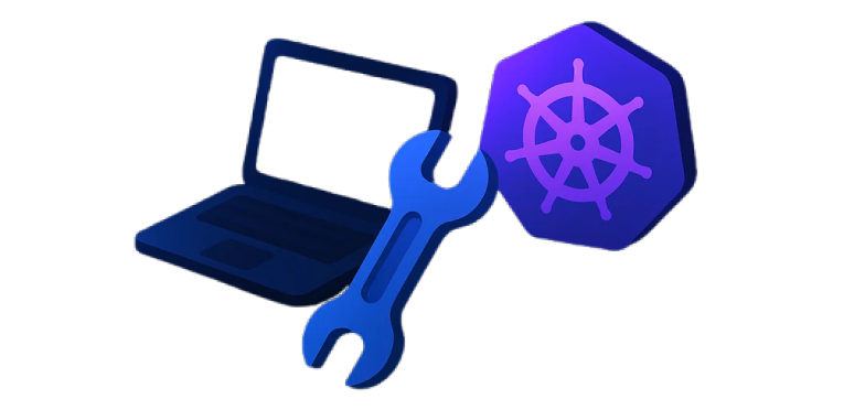 Laptop, wrench, and Kubernetes helm