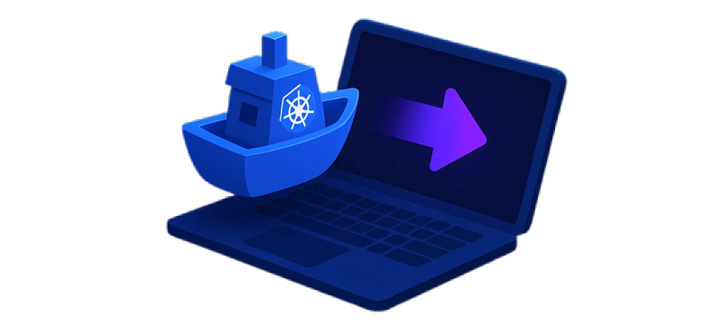 Kubernetes boat on a laptop with a purple arrow