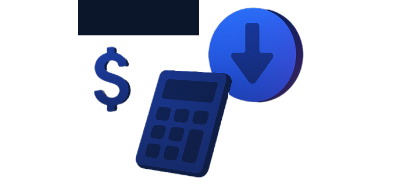 Calculator, dollar sign, and a down-arrow coin