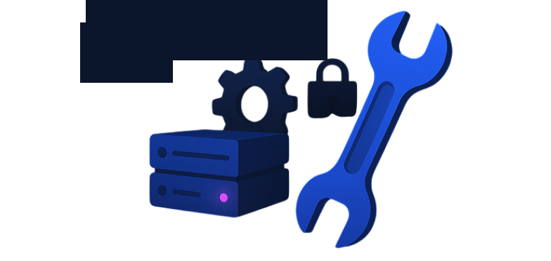 Servers, gear, padlock, and a wrench