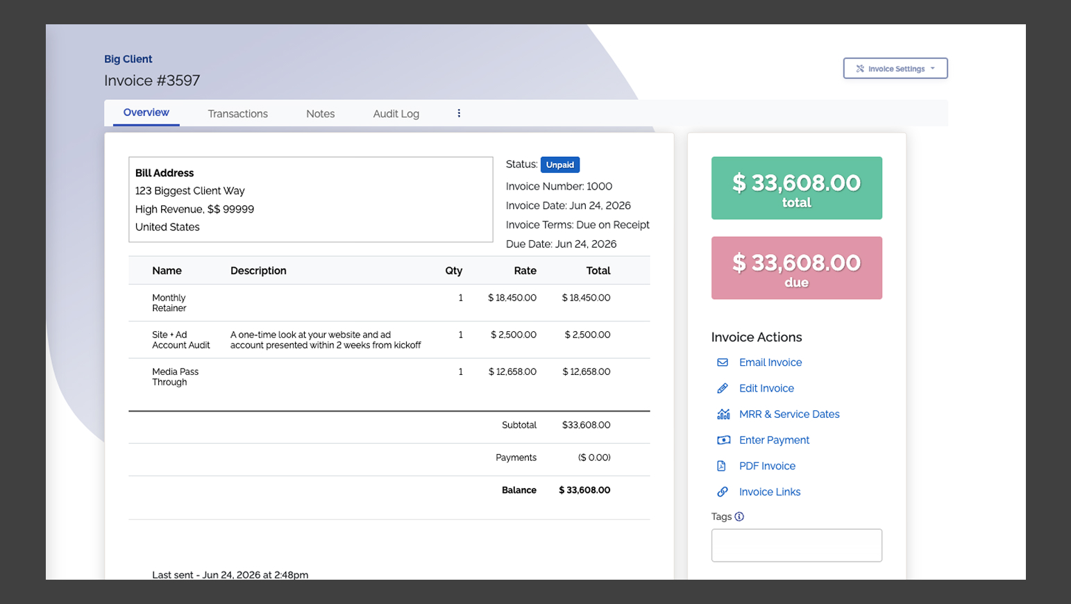 A ChargeOver invoice combining a monthly retainer, a project line and ad-spend pass-through on one bill