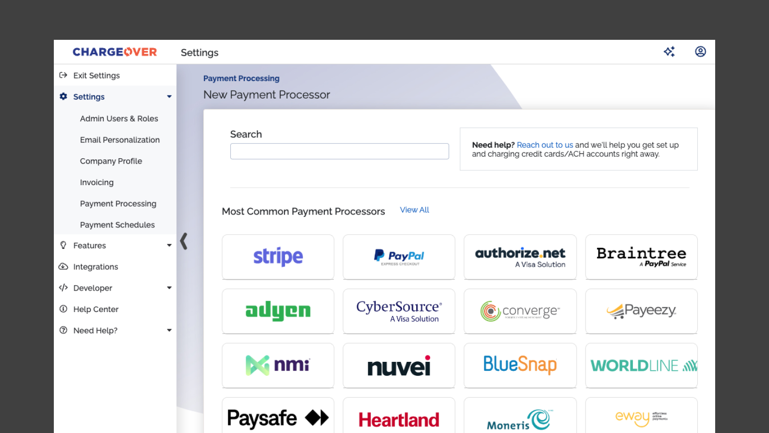 ChargeOver's payment-processor gallery: Stripe, PayPal, Authorize.net, Braintree and more