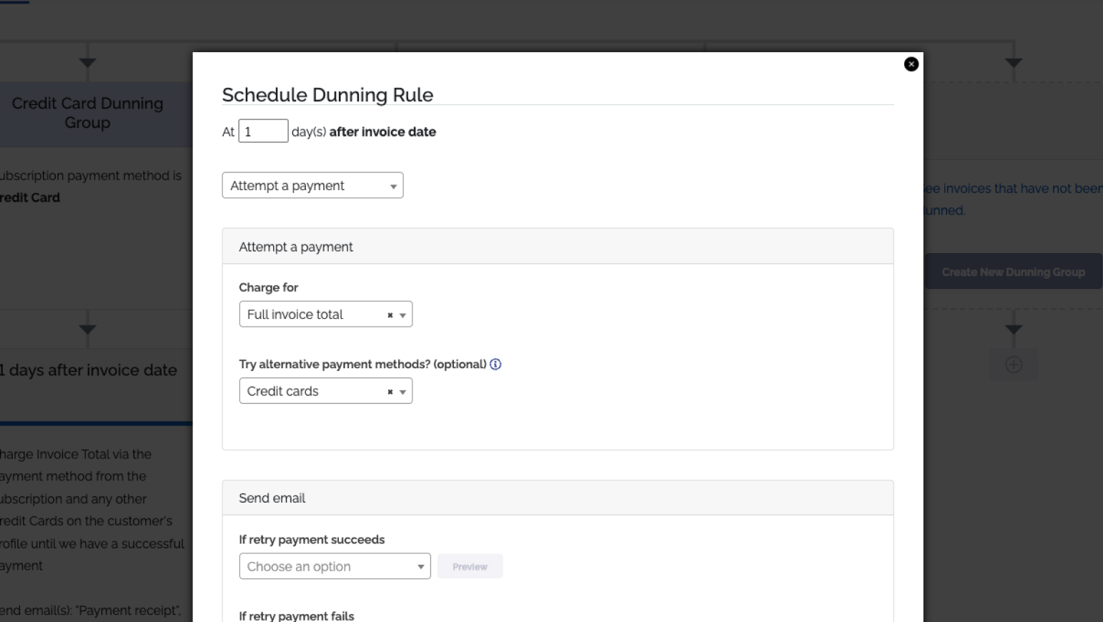 A ChargeOver dunning timeline for one subscriber showing the retry schedule and a recovered payment