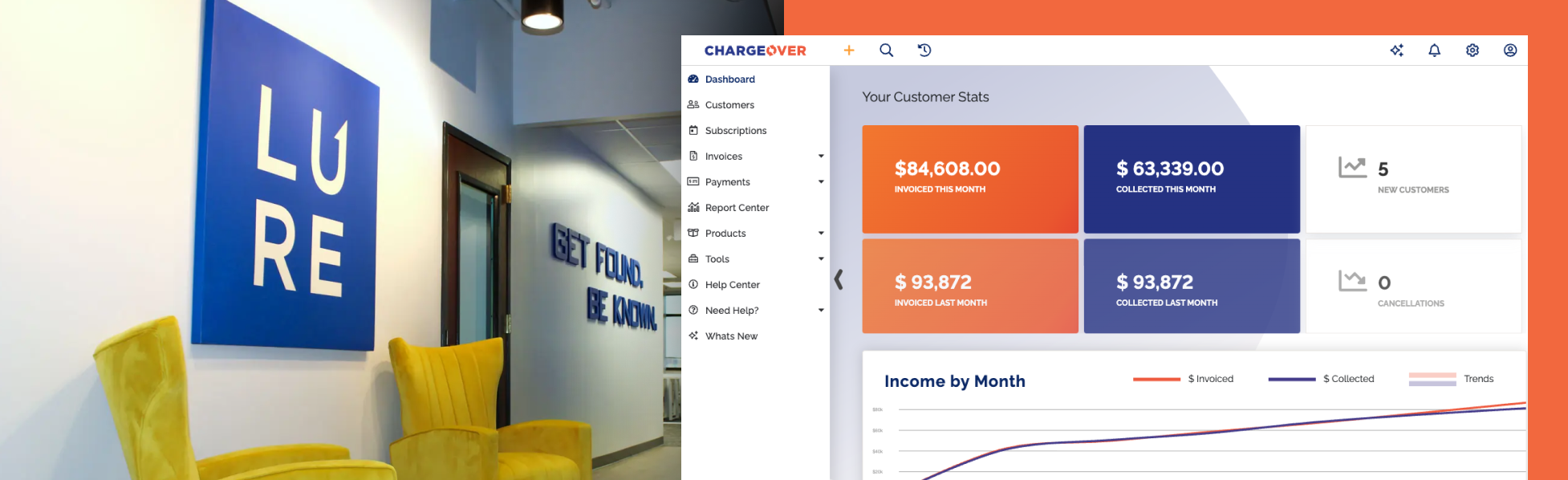 Lure Creative's office alongside their ChargeOver billing dashboard